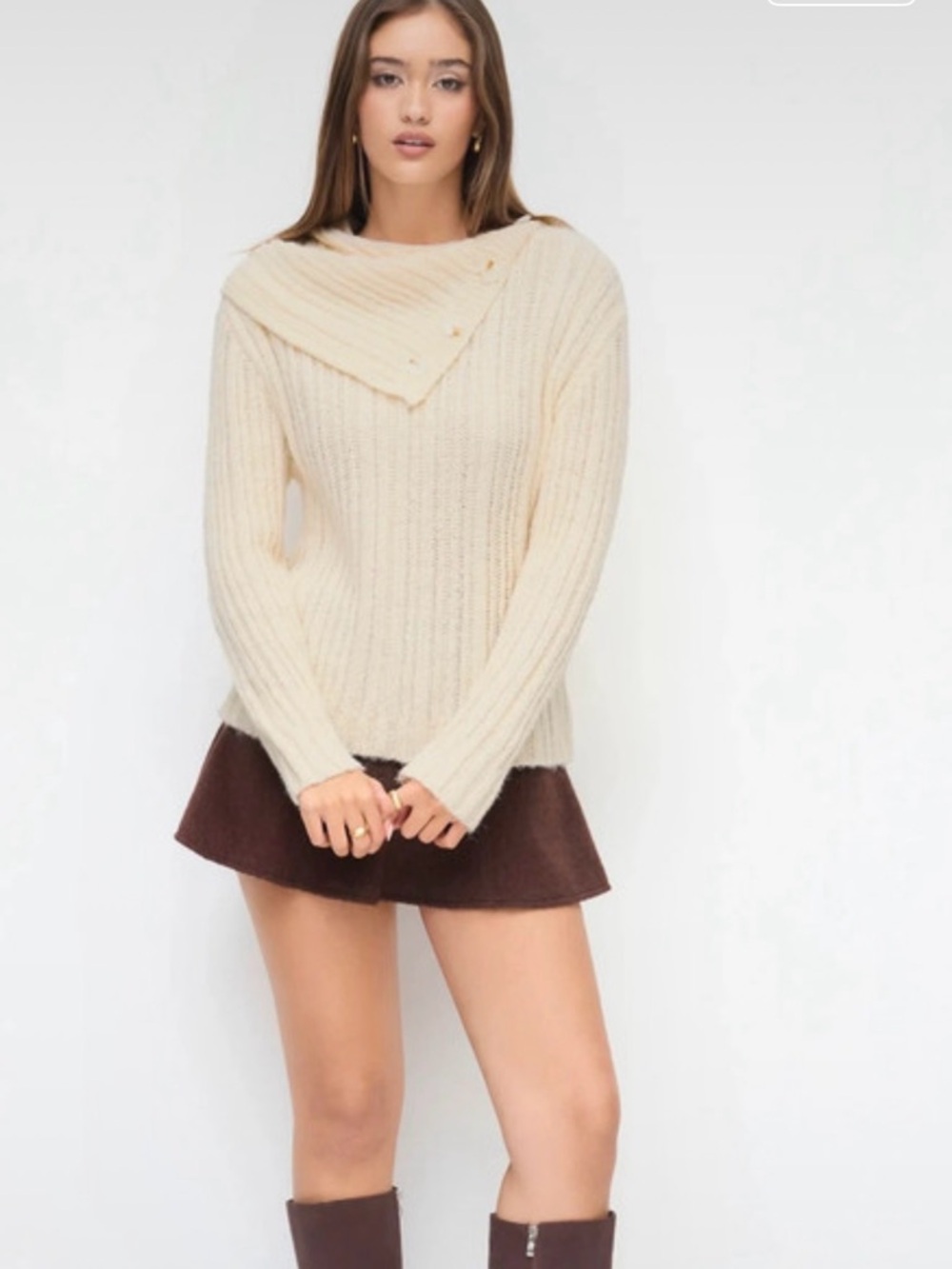Cider Cream Ribbed Button-Detail Cowl Sweater